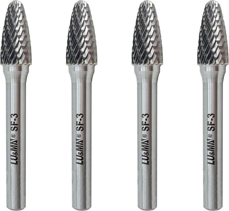LU&MN SF-3 Tungsten Carbide Burr Tree Shape Radius End Double Cut Rotary Burr File with 1/4'' Shank, 4pcs by - Image 1